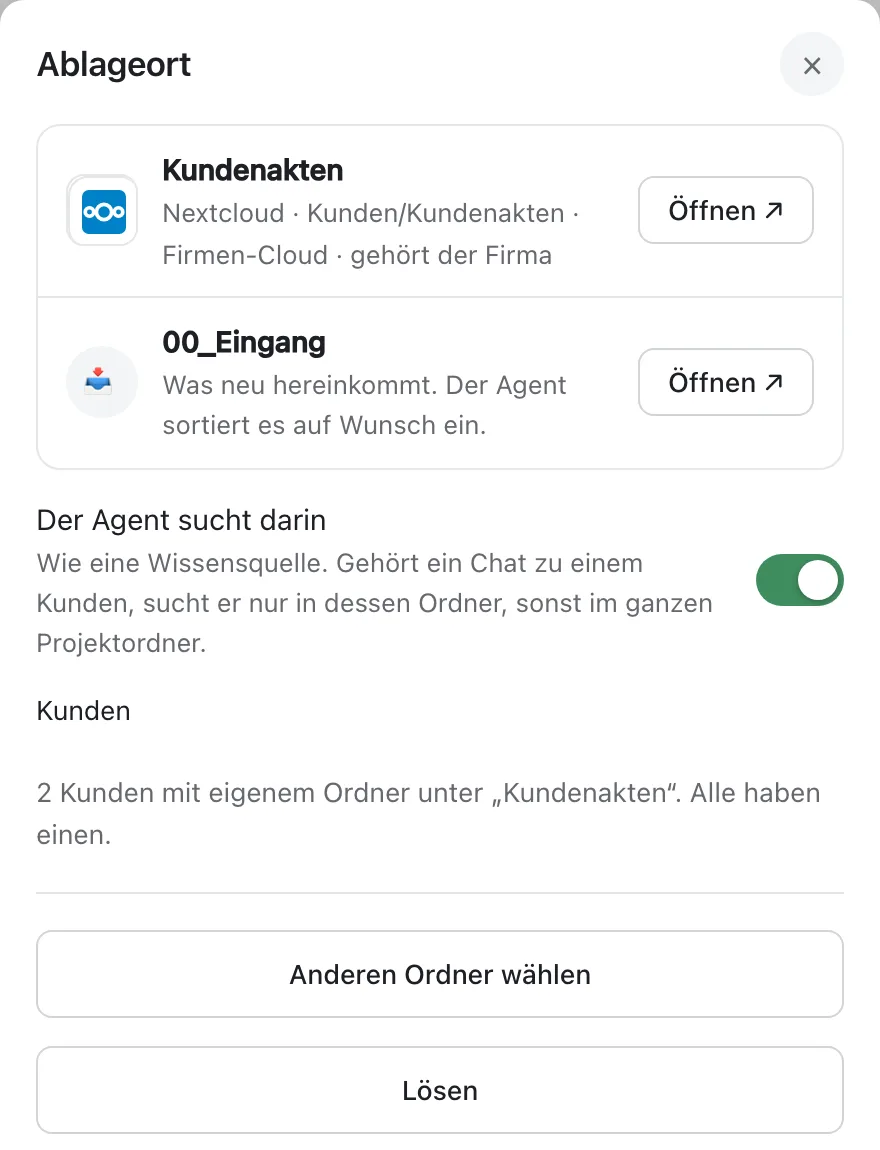 Das Blatt „Ablageort“ mit Projektordner und Eingang