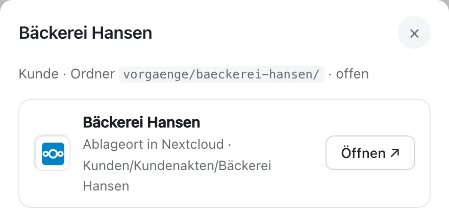 Das Blatt des Kunden „Bäckerei Hansen“ mit seinem Ordner