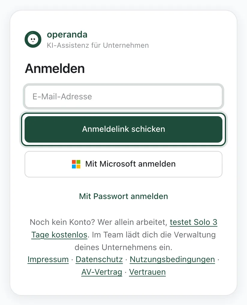 Die Anmeldeseite mit „Anmeldelink schicken“