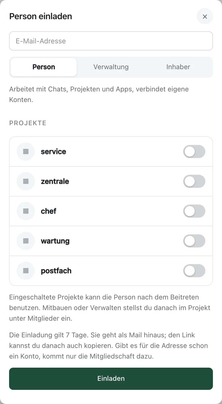 Das Blatt „Person einladen“ mit Mailadresse, Rolle und Projekten