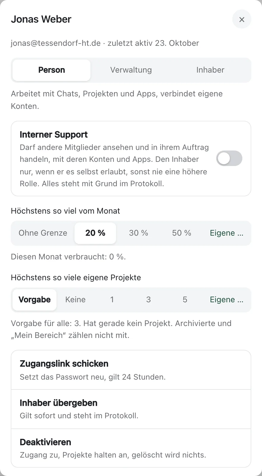 Das Blatt einer Person mit Rolle, Monatsgrenze, Projektzahl und weiteren Wegen