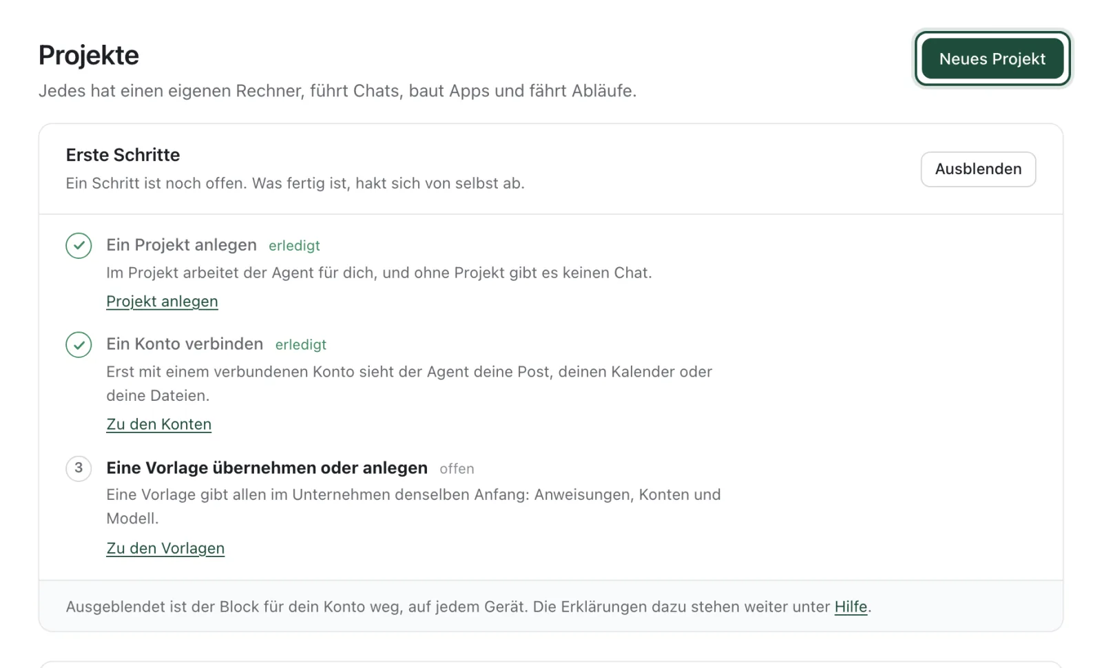 Die Seite „Projekte“ mit „Neues Projekt“ oben rechts