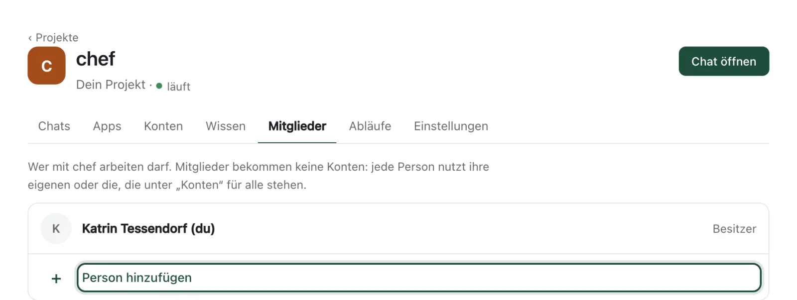 Der Reiter „Mitglieder“: oben der Besitzer, darunter „Person hinzufügen“