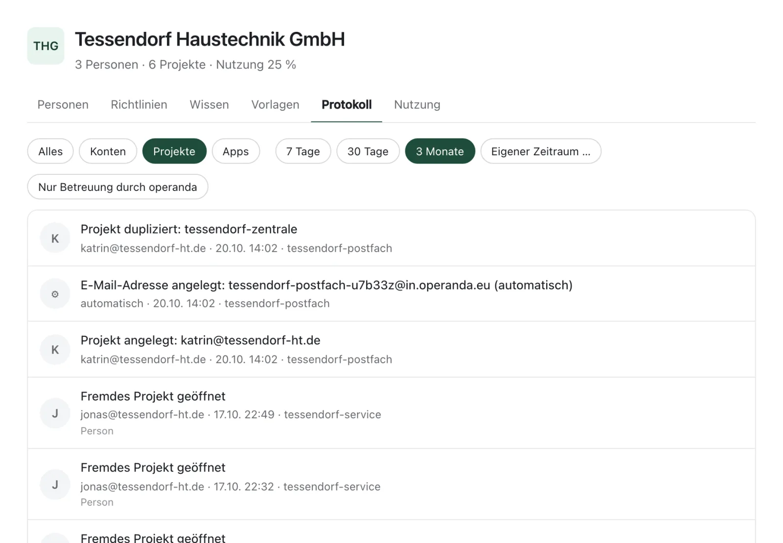 Das Protokoll, gefiltert auf Projekte der letzten drei Monate