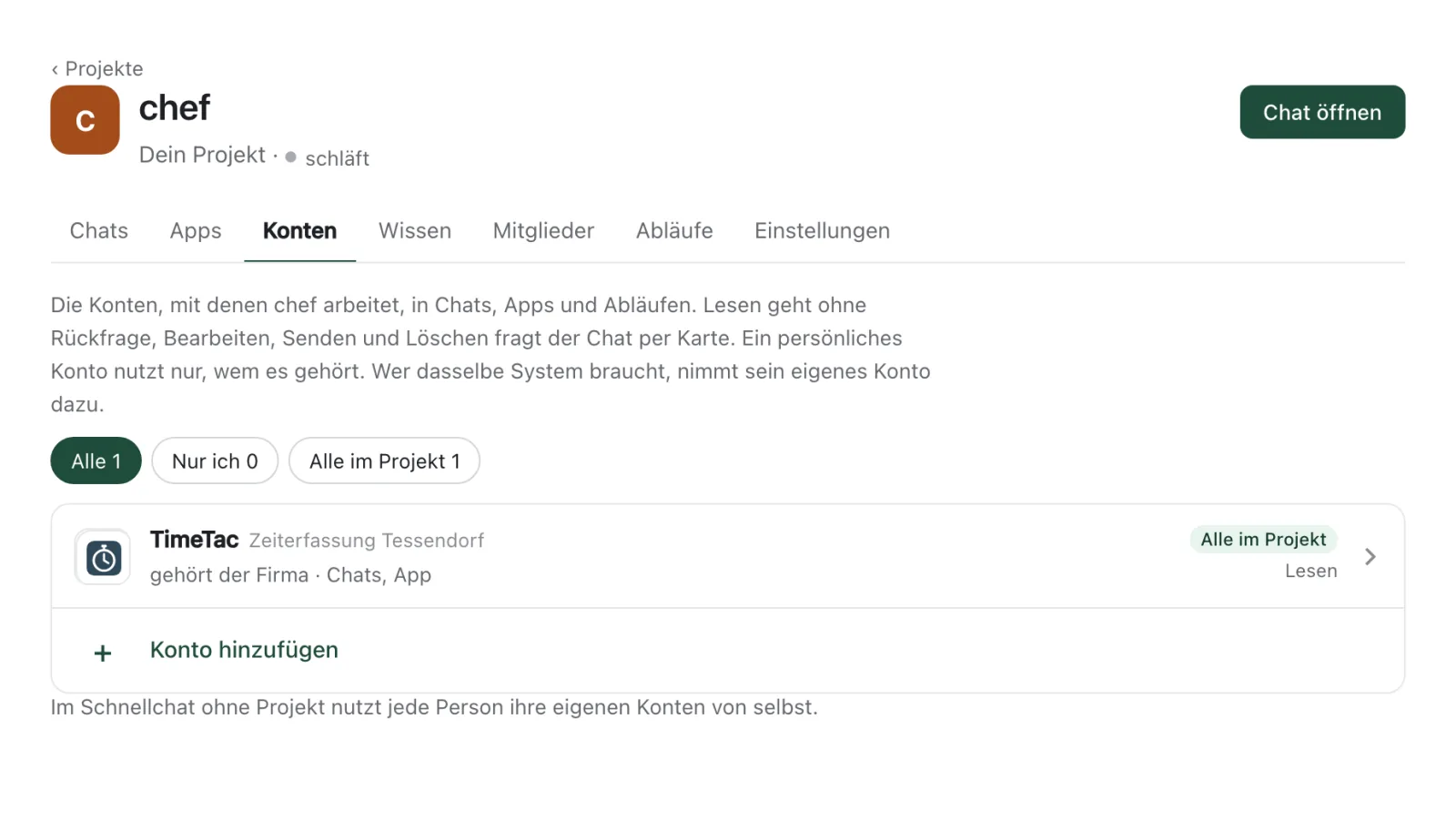 Der Reiter „Konten“ im Projekt: ein Konto der Firma für alle im Projekt, Stufe Lesen