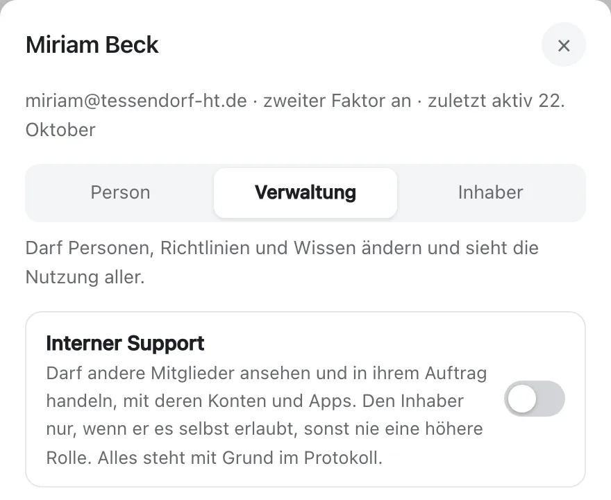 Das Blatt von Miriam Beck mit der Rolle „Verwaltung“ und dem Schalter „Interner Support“