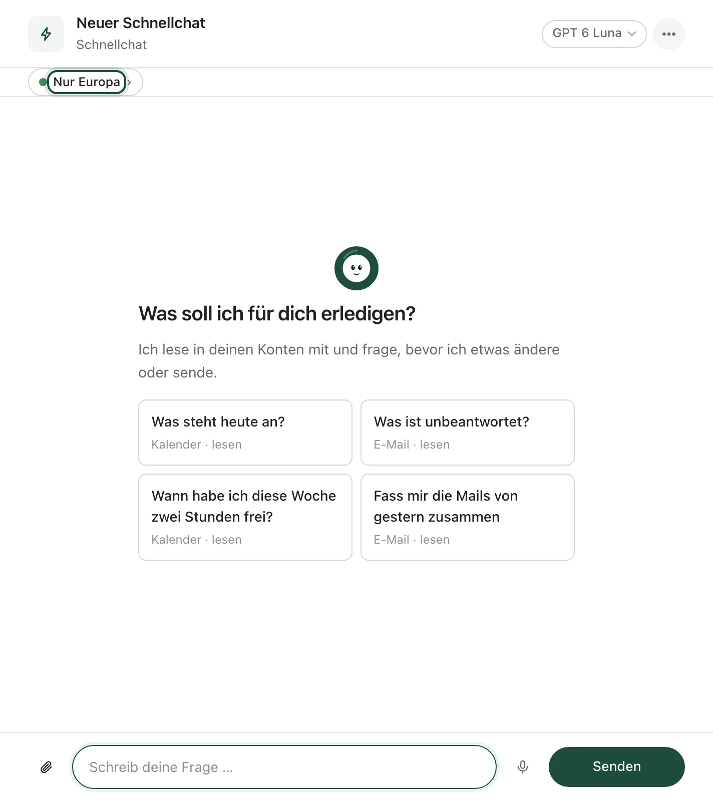 Ein neuer Schnellchat mit Vorschlägen; oben steht, wo er läuft