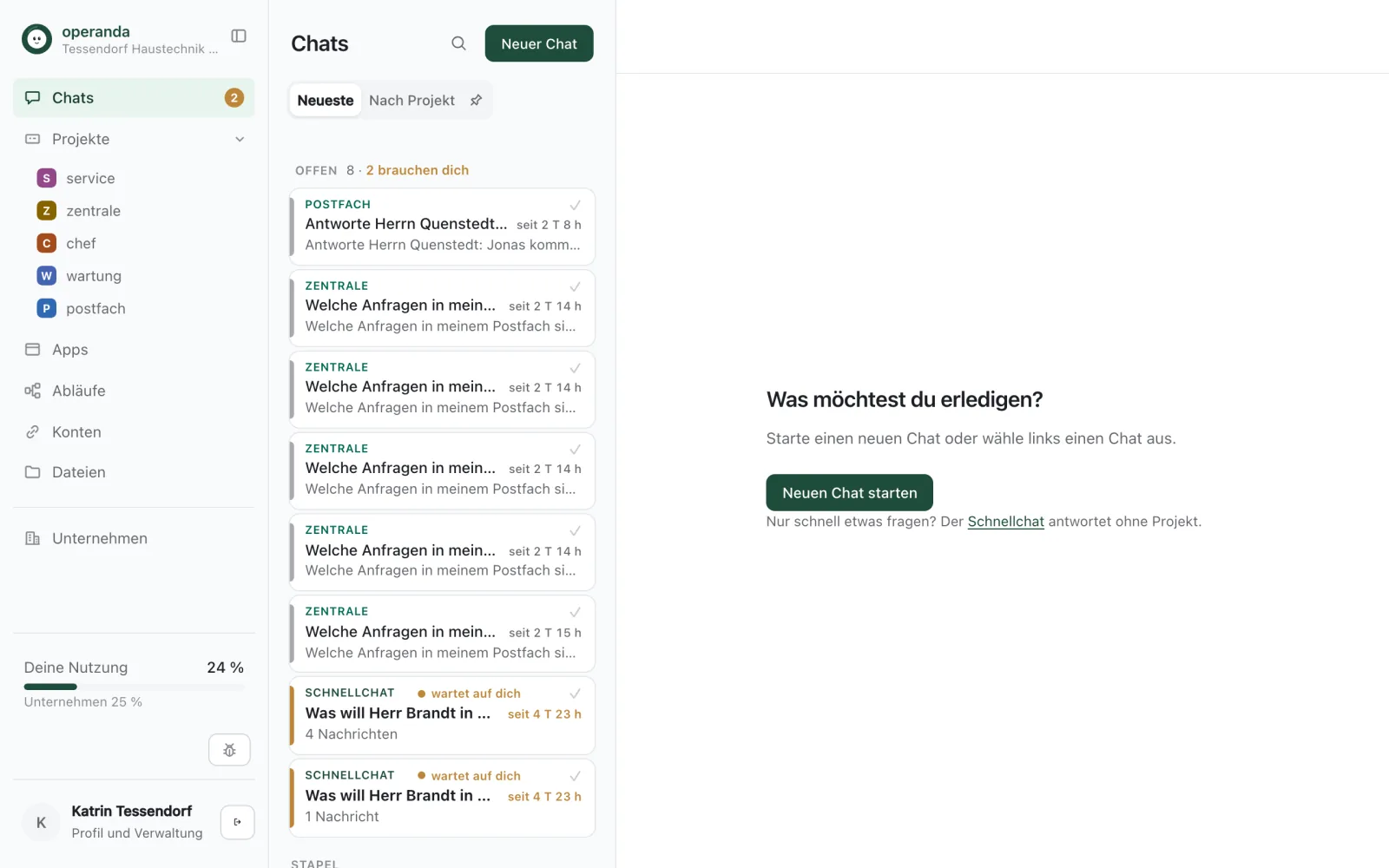 Die Chatliste mit offenen Chats, rechts der Start für einen neuen Chat