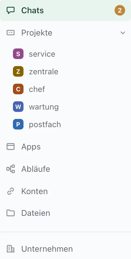 Die Navigation links: Chats, Projekte, Apps, Abläufe, Konten und Dateien